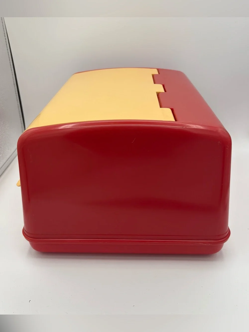 Vtg MCM 50’s Retro Kitchen Lustro Ware Bread Box B-20 Red Yellow Plastic Decor